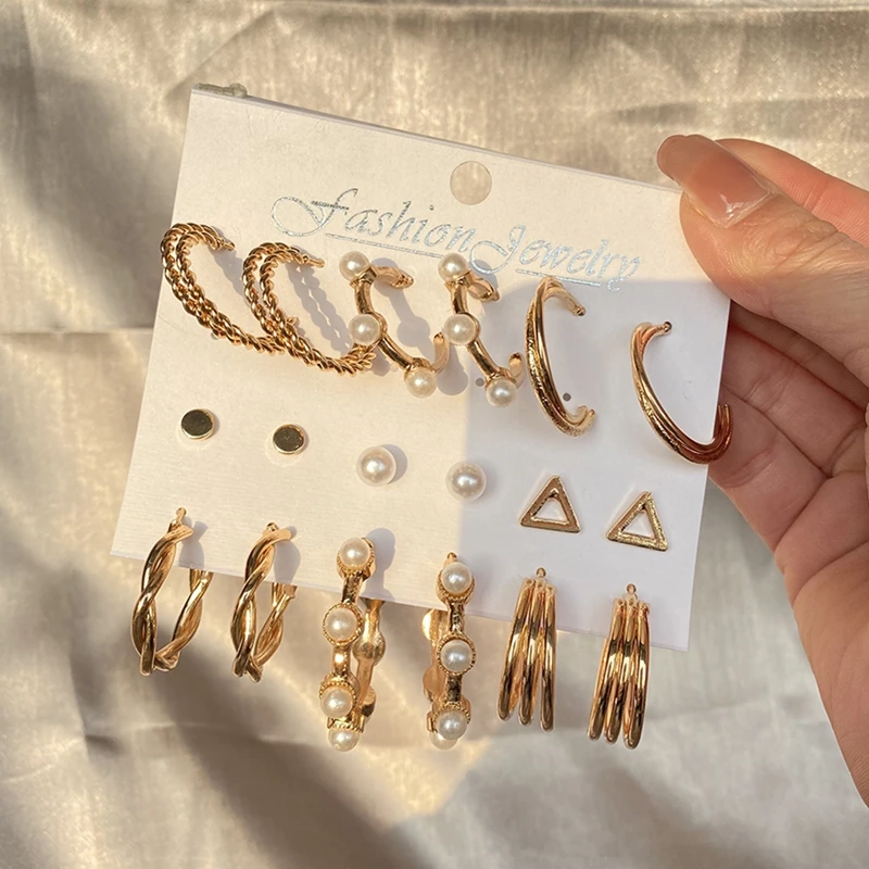 

FNIO Fashion Hoop Earrings Set Women Pearl Hoop Earrings Oversize Metal Circle Punk Earring 2021 Female Fashion Jewelry