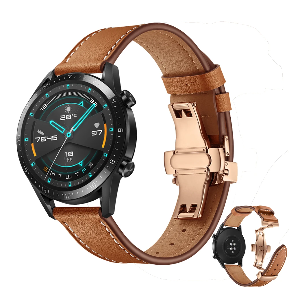 

22MM Genuine Leather Rose Gold Butterfly Buckle Watch Band for Huawei Watch GT 2 Strap Bracelet for Samsung Galaxy Watch 46mm