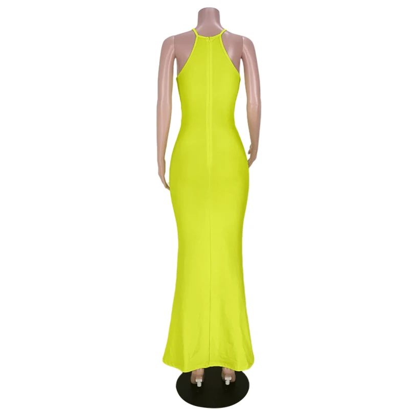 

2021 New Fashion Elegant Halter Cut Out Solid Maxi Dress Casual Slim Zipper Slit Evening Party Club Dress