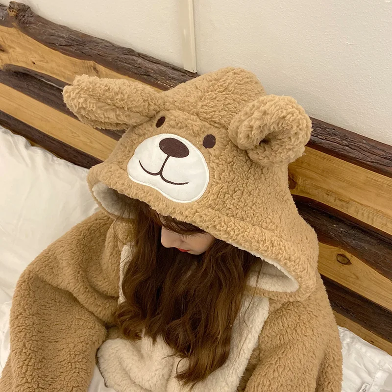 

2021 New Cute Cartoon Adult Bear Onesies Pajamas Women Hooded Autumn Winter Flannel Animal Sleepwear Christmas Halloween Clothes