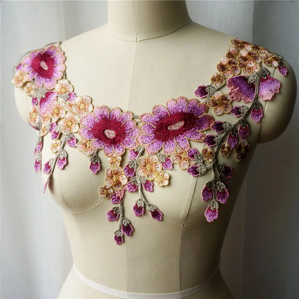 Pink Purple Flower Tassel Collar Embroidered Wedding Gown Appliques Lace Fabric Mesh Sew On Patches For Decoration Dress DIY | Дом и сад
