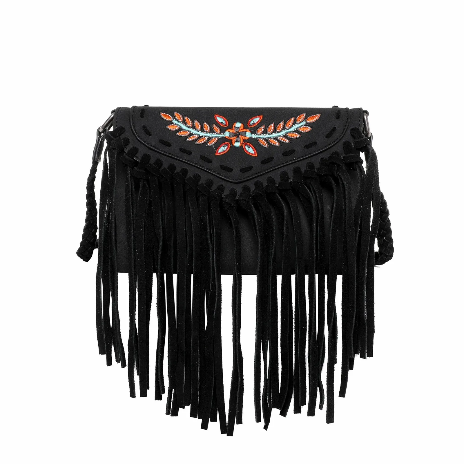 

Wrangler Genuine Leather Fringe Crossbody Bag (Wrangler By Montana West) Floral Pattern Embroidered Bag