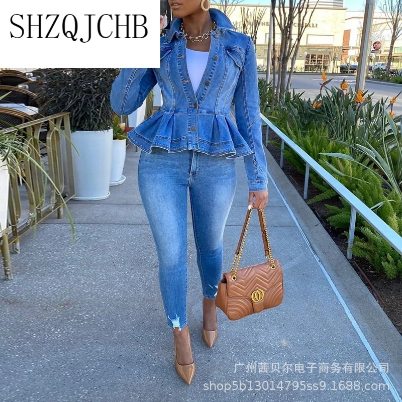 

JCHB Spring Autumn Women Denim Short Jackets Skirt Turn-Down Neck Full Sleeve Single-breasted Cascading Ruffles Fashion Coats