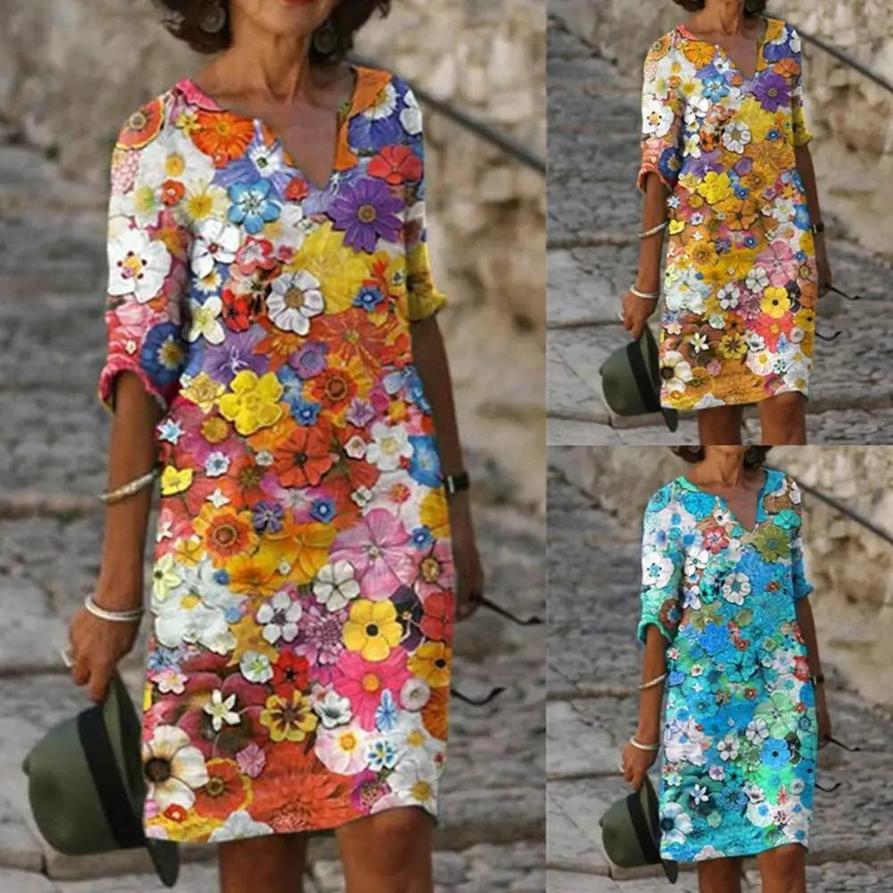 

Женский сарафан с рукавом до локтя, пикантное свободное платье с V-образным вырезом и цветочным принтом, летнее модное винтажное универсаль...