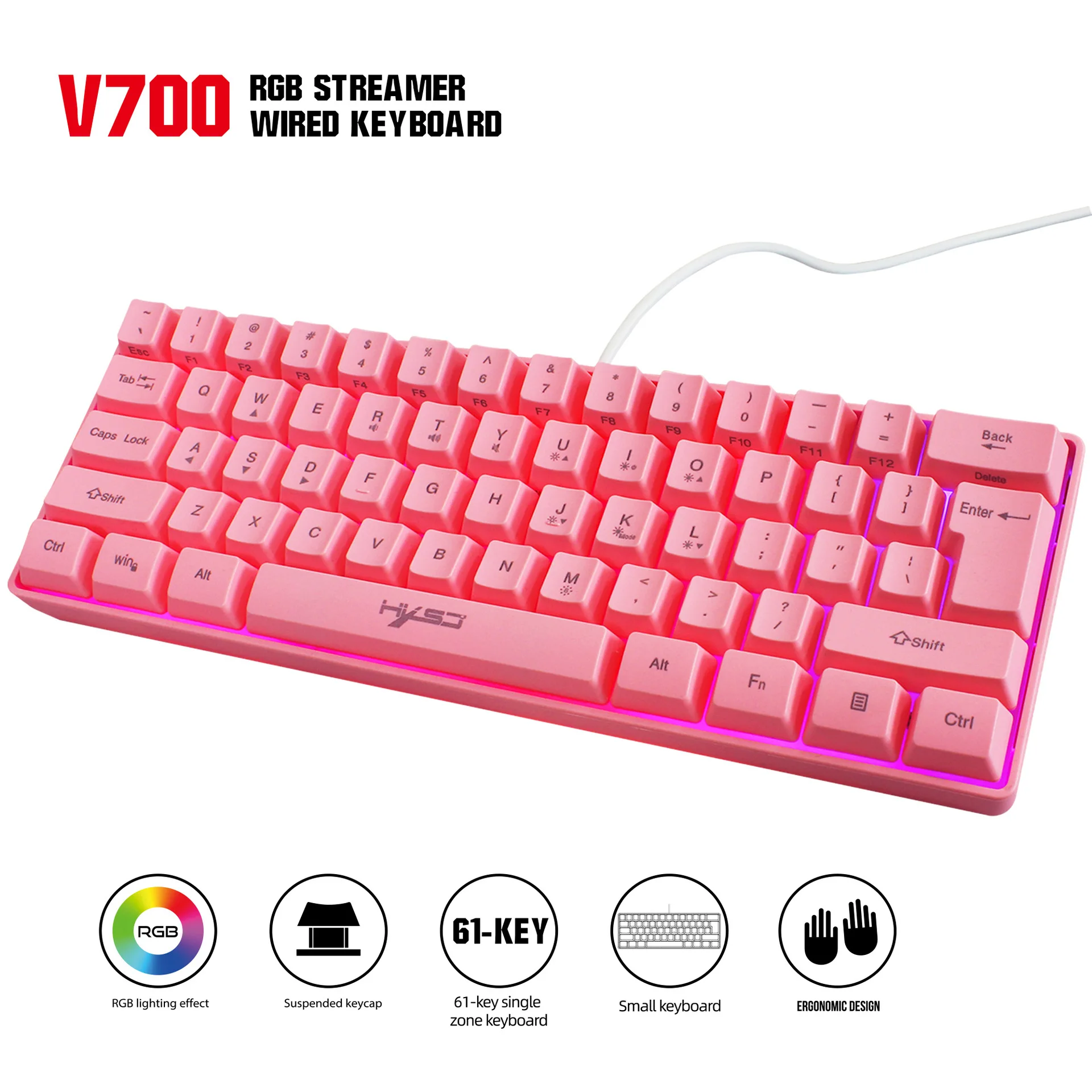 

Игровая клавиатура V700 с RGB-подсветкой, 61 клавиша, проводная игровая мембранная клавиатура из АБС-пластика для ПК, ноутбука, игр, офиса