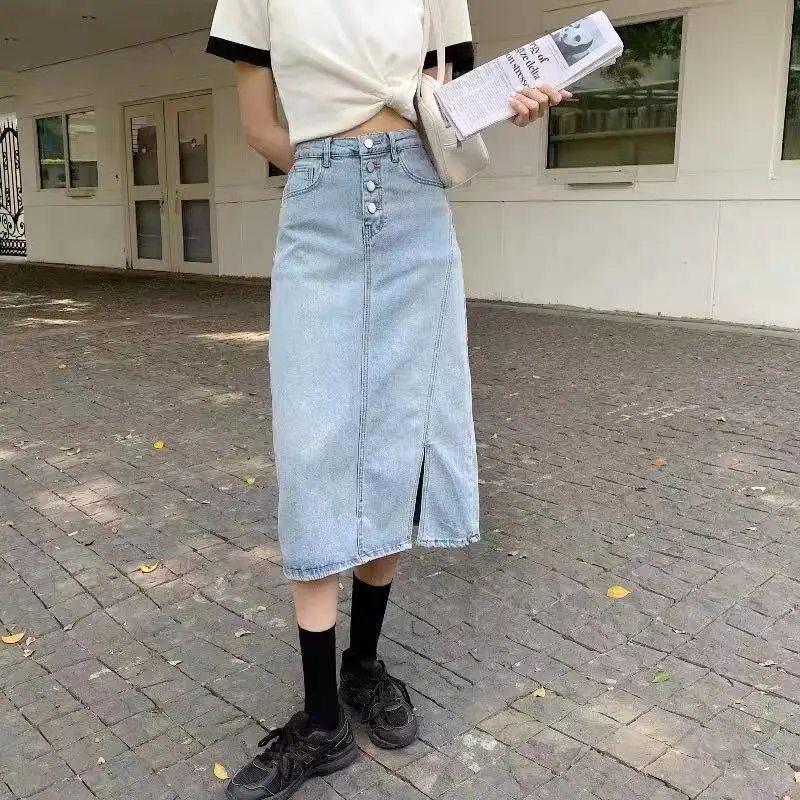 

Summer new style side slits single-breasted all-match stretch mid-length denim skirt