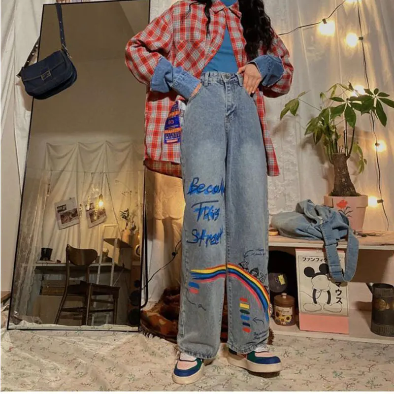 

Women's summer new Korean style straight jeans retro personality niche graffiti casual loose wild wide-leg trousers trendy women