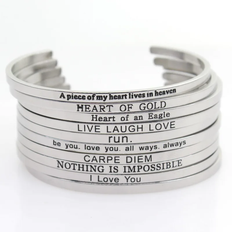 

10pcs Mix Random Style 5 Stainless Steel Engraved Positive Inspirational Quote Hand Cuff Bracelet Mantra Bangle women bangles