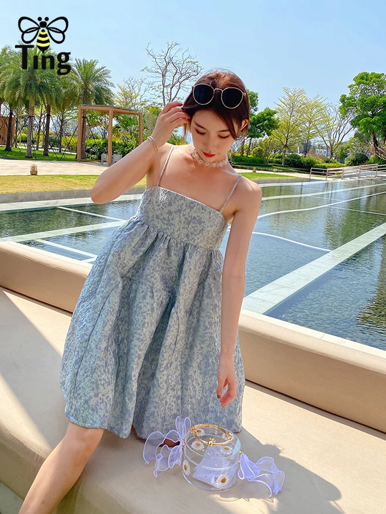 Tingfly летнее платье мини-длины на бретелях голубого цвета для девушек, детей и женщин в стиле бохо-шик для пляжного отдыха и повседневной носки.