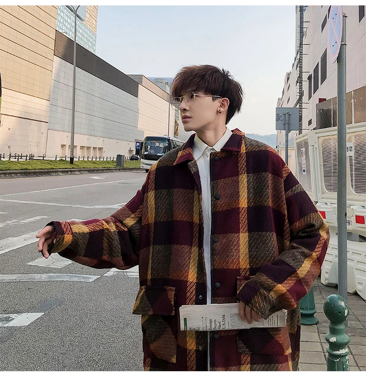 Fashion Mens woolen coat Red Khaki Loose plaid jacket Autumn Spring Winter