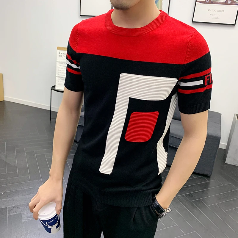 

Luxury Men Summer Dress Short Sleeve Knit T-Shirt High Quality Jacquard Weave Slim Street Wear Men's Brand O-Neck T-Shirt M-4XL