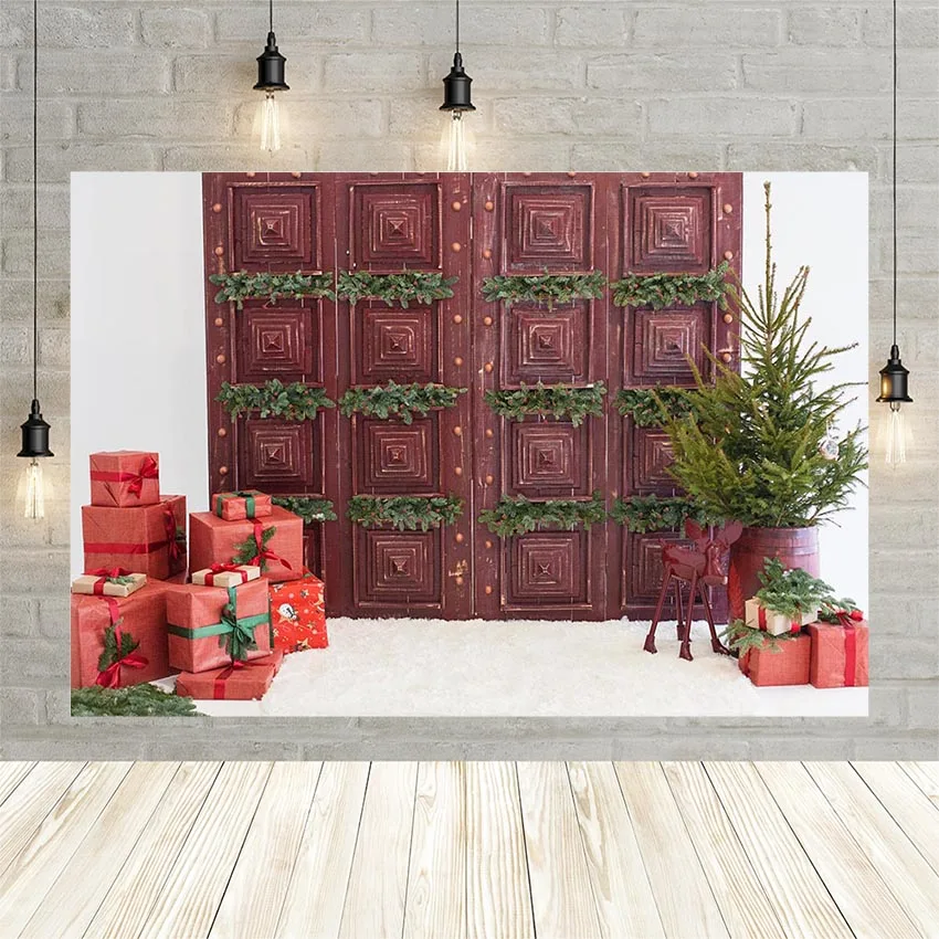 

Avezano Photography Backgrounds Christmas Stocking Winter Wooden Door Mistletoe Wreath Decor Photo Studio Photocall Photozone
