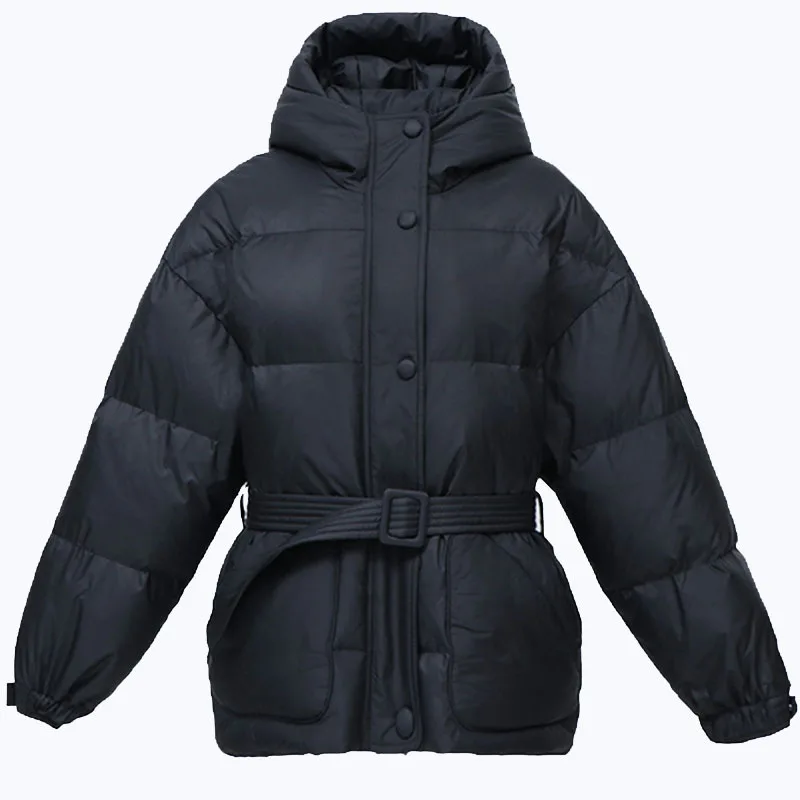 

2020 Winter New Fashion Tie Waist Slim Shiny Hooded Bread Jacket Warm Down Jacket Women's Short Coat