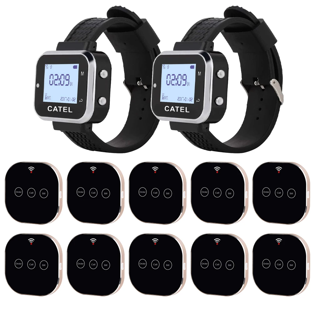 CATEL 2 Watch 10 pcs Touchable Wireless Calling System Call Button Transmitter Pager Restaurant Waiter Service Bell, Buzzer