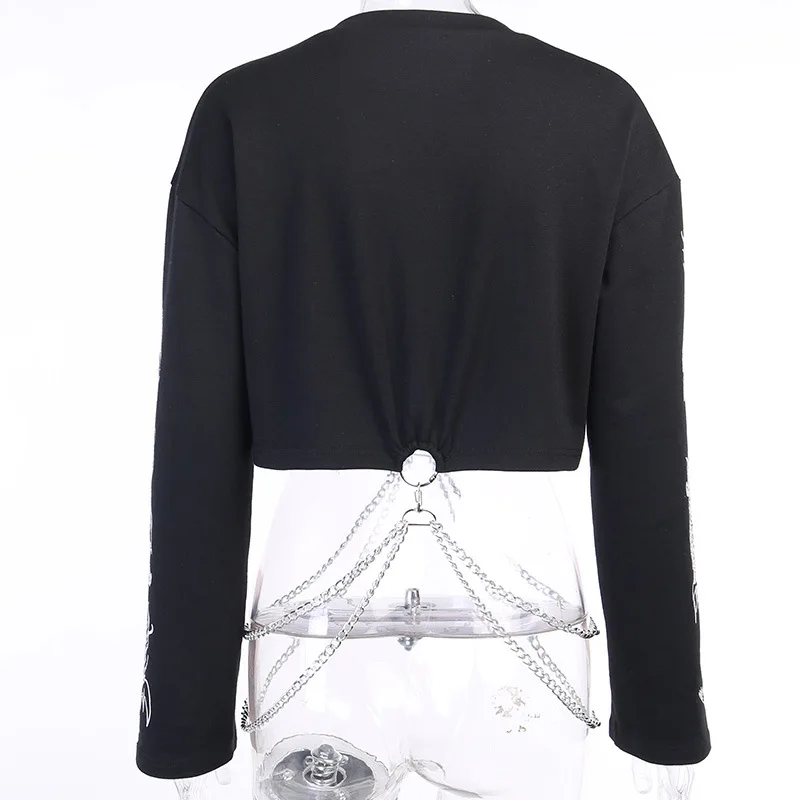 

2021 Spring Autumn Clothing Women Loose Long Sleeve Dragon Print Chain O-neck Short Tops Retro Streetwer Punk Oversized Pullover