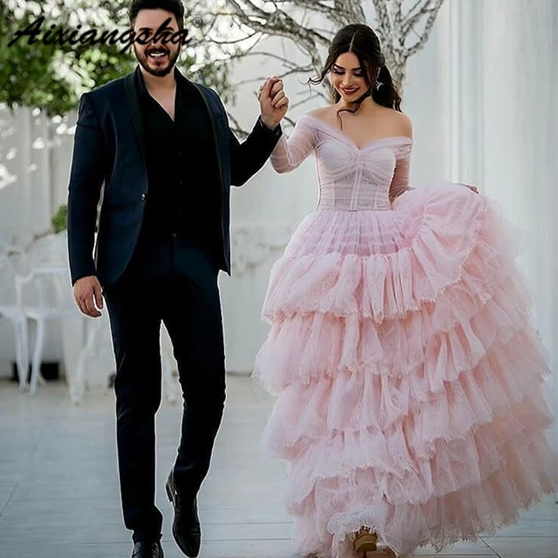 

Aixiangsha Evening Dresses Nude Pink Tulle Lace Full Sleeve Pleat Tiered Cake Robe De Soiree Party Gown Happniess