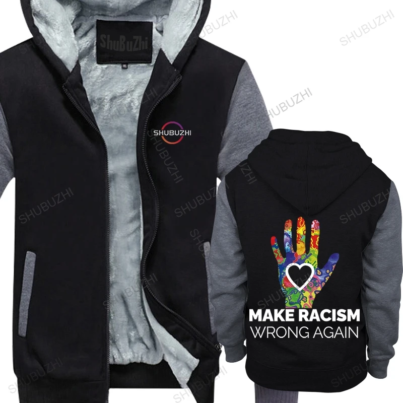 

man winter warm black sweatshirt streetwear cool hoodie MAKE RACISM WRONG AGAIN male shubuzhi cotton hoodies thick jacket zipper