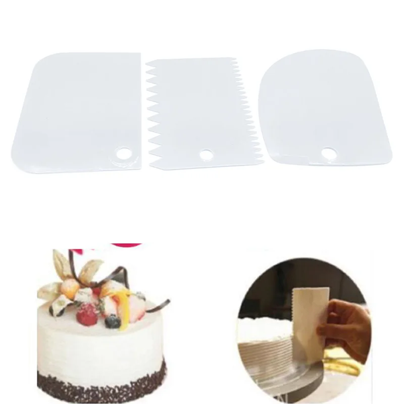 

3Pcs Plastic Icing Fondant Scraper Dough Knife Baking Pastry Tools Decorating Plain Smooth Jagged Edge Spatulas Cutters Cake Too