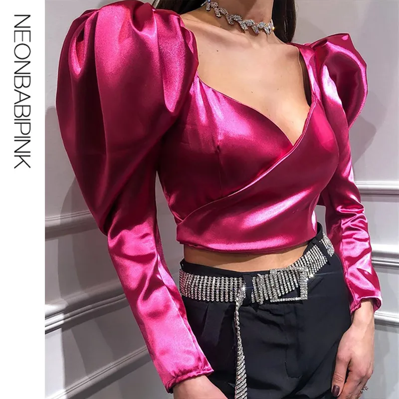NEONBABIPINK винтажный Сексуальный Атласный укороченный топ с пышными рукавами 2020