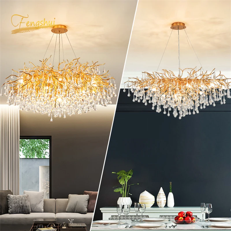 

Nordic Light Luxury Crystal Pendant Lamps Creative Led Branches Living Dining Room French Hanging Lamp Villa Decor Luminaries