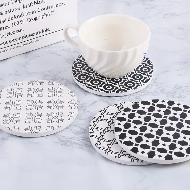 

Simple ins wind ceramic coasters logo custom UV printed insulated cork mats gifts round water absorbing coasters