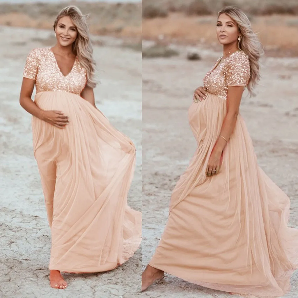 

JAYCOSIN Pregnants Dress Maternity Photography Props Short Sleeve Sequined Solid Dress Maternity Dress For Photo Shoot Maternity