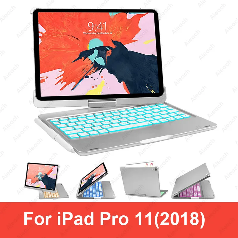 iPad Pro 11 Silver Чехол для iPad Pro 11 10,5 9,7 7 цветов с подсветкой 360 Rotatio Беспроводной Bluetooth клавиатура чехол для iPad 6th 5th воздуха на возраст 1, 2, 3 - Цвет: iPad Pro 11 Silver