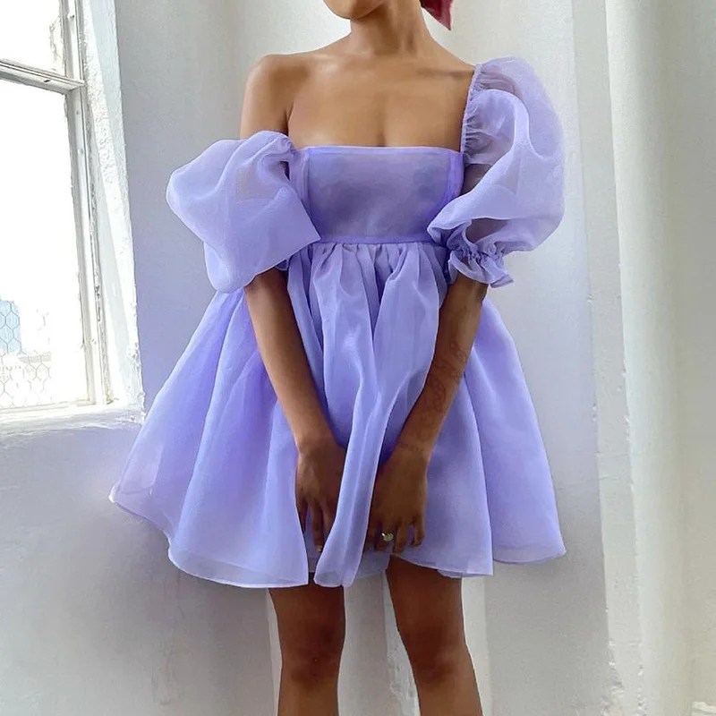 

Summer Women Mesh Princess Dress See-through Solid Color Puff Sleeve Square Collar Solid Color A-line Dress