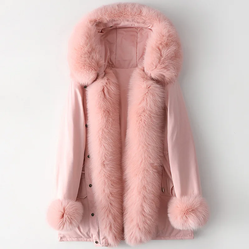 Enlarge High Quality White Duck Down Hooded Jacket Thick Warm Women 2021 New Fox Hair Collar Medium Length Real Fur Pink Cute Coat