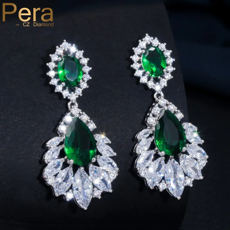 Pera роскошные серебряные ювелирные изделия зеленый длинная люстра Кубический Цирконий Кристалл Свадебные крупные серьги с подвесками для женщин E001