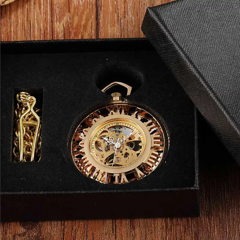 gold set Ретро Черные Мужские механические часы полые римские цифры для скульптурной резьбы циферблат часы Скелет стимпанк карманные часы для Fob цепи - Цвет: gold set