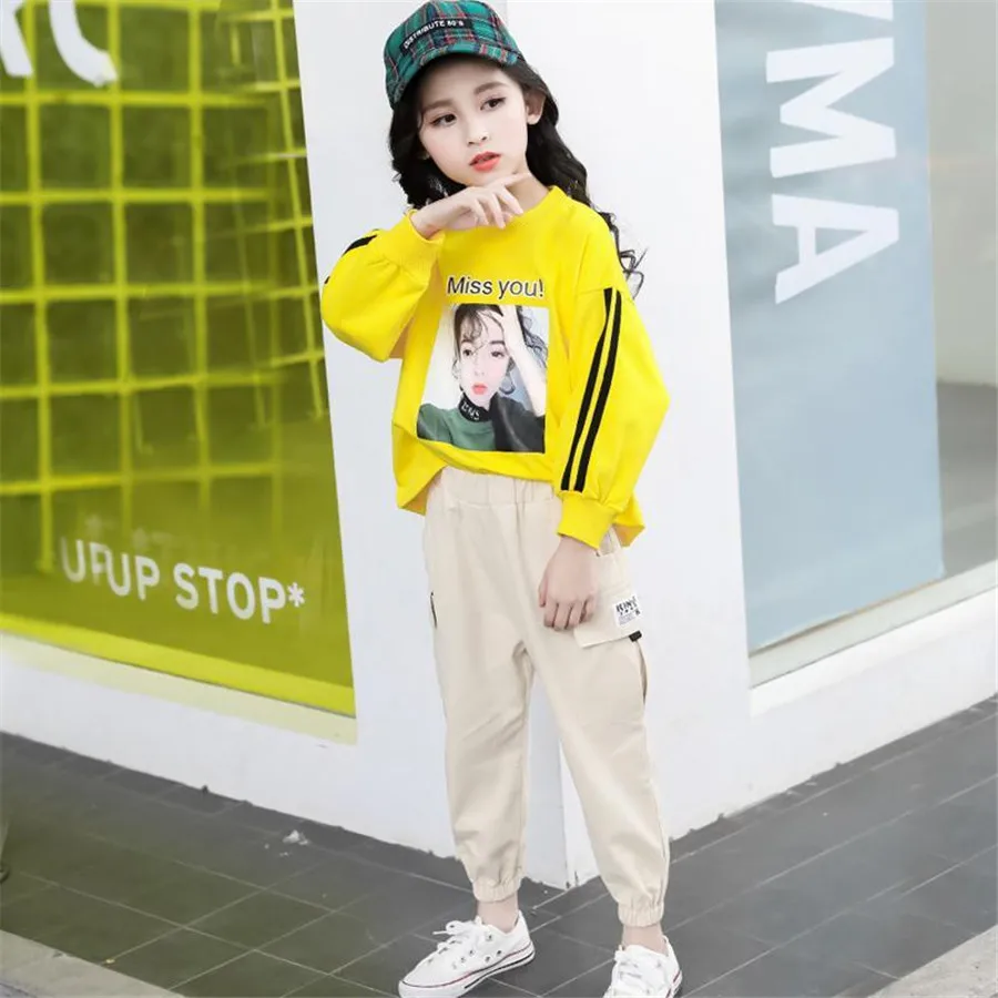 Осенний комплект одежды для девочек новинка 2020 года модная футболка с длинным