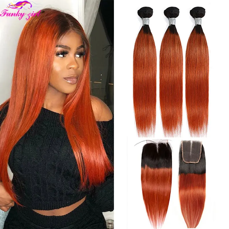 Orange Straight 4x4 Lace Closure With Bundles Brazilian Ombre Hair Weave Burgundy Bundles With Closure Remy Human Hair For Women