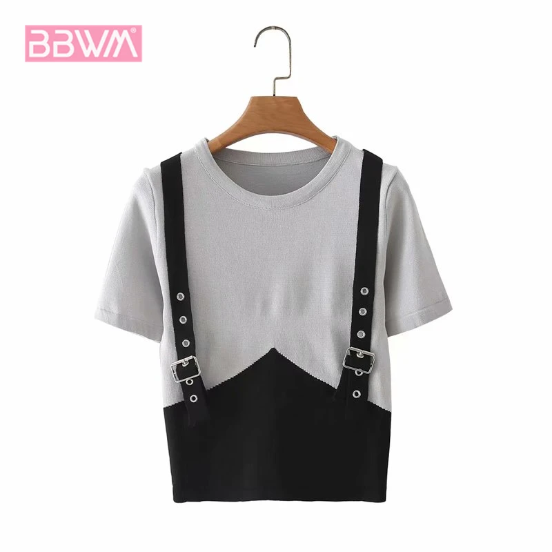 

Stitching Fake Two-piece Short-sleeved Lapel Female T-shirt Harajuku Cute Strap Chic Women's Top