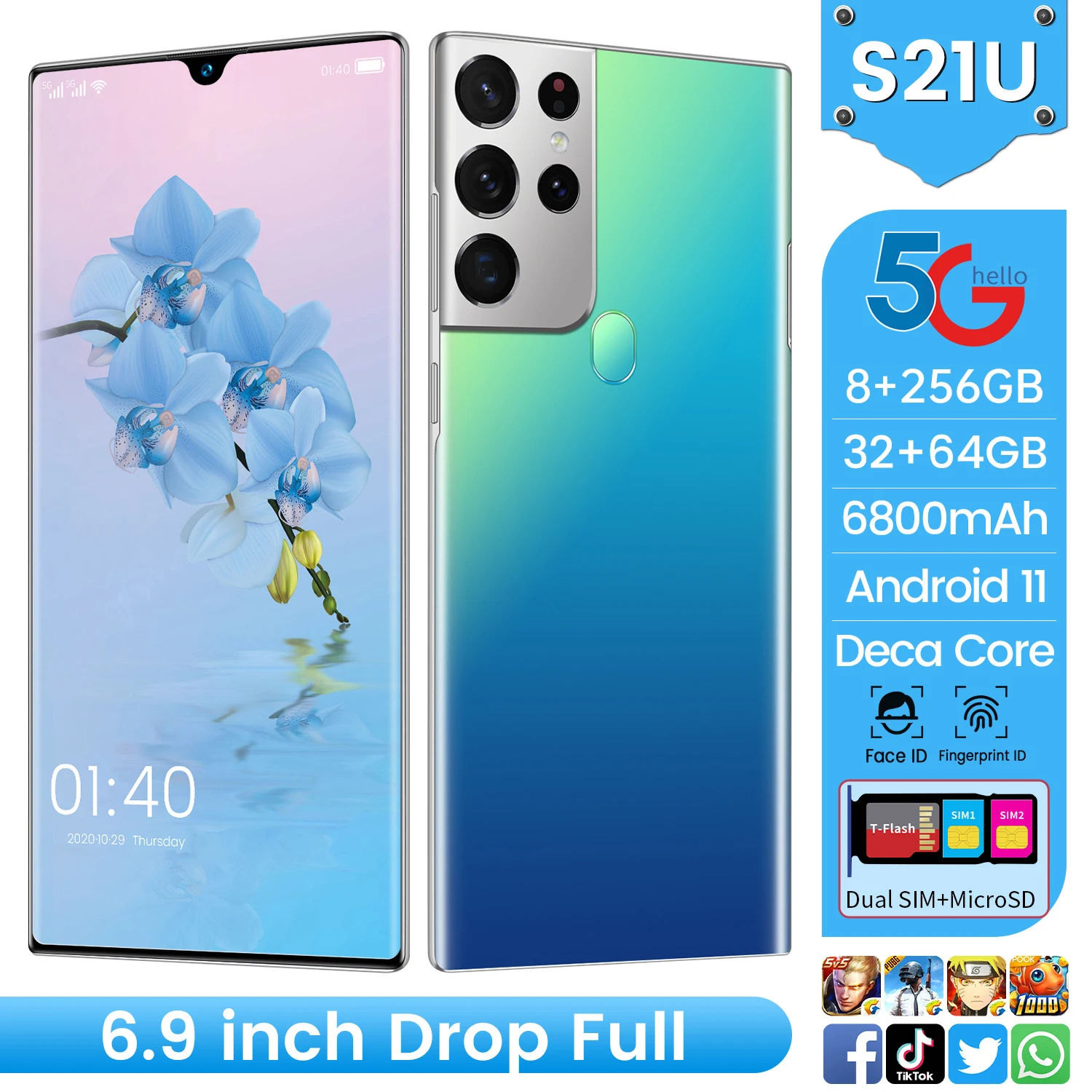 

New Arrival S21U 6.9 Inch Drop Screen Smart Phone Global Version 8+256GB Fingerprint Unlock 5G Andriod 11 6800mAh Cellphones
