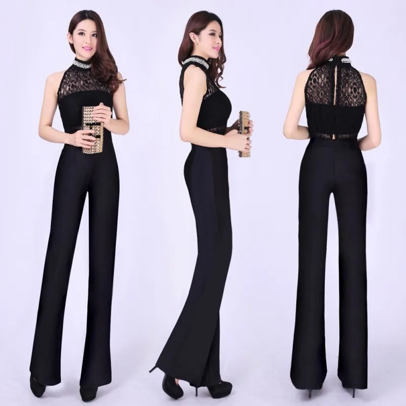 

Женский офисный комбинезон-водолазка без рукавов с жемчугом