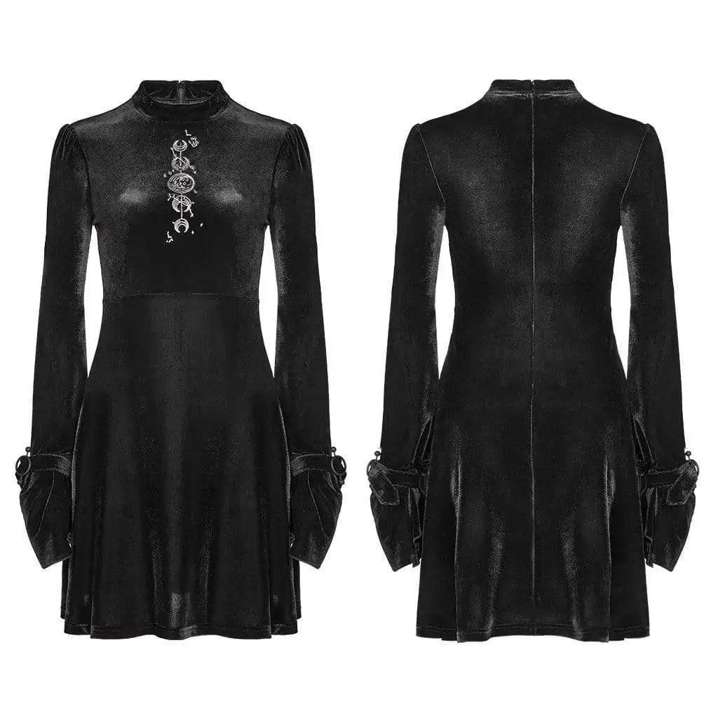 Панк RaveWomen's Goth embroided вельветовое с длинным рукавом черное маленькое платье OPQ-427LQF