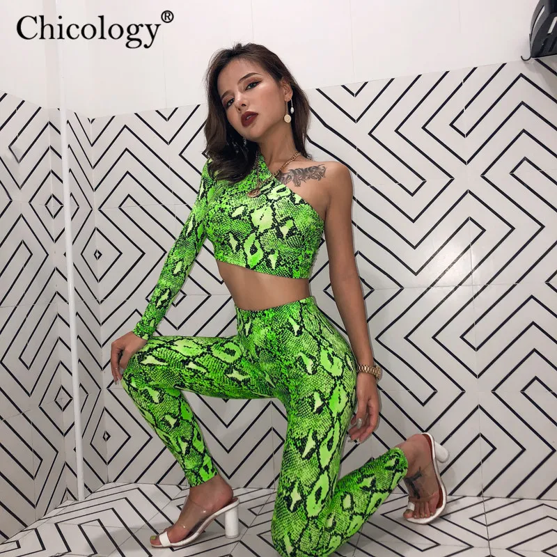 Chicology Змеиный принтом принт на одно плечо 2 комплект из двух предметов в комплекте комплект набор женское кроп топ с высокой талией длинные штаны осень осеннее зимняя одежда