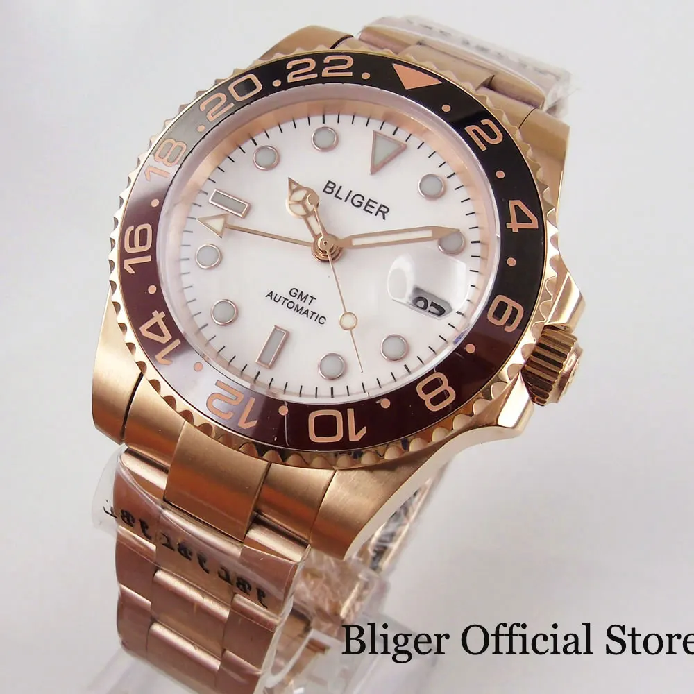 BLIGER Rose Gold Automatic Men Wristwatch Sapphire Glass Rotating Bezel GMT Hand White Dial Deployment Clasp | Наручные часы