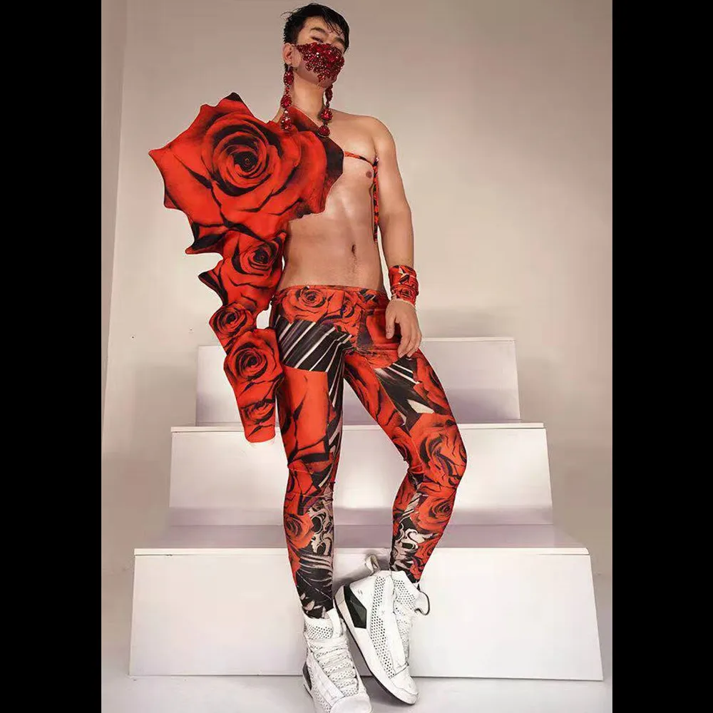 Дизайнерские костюмы для сцены с розовым цветочным принтом большим рукавом и