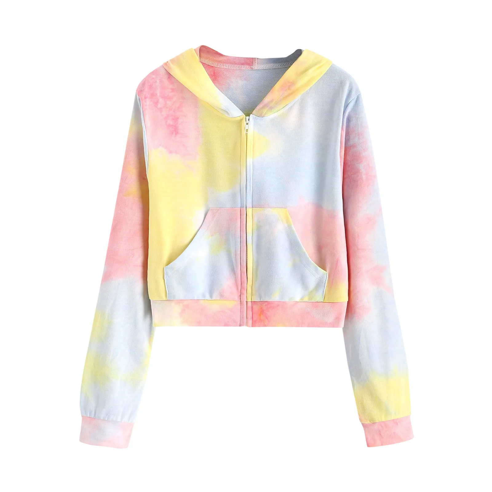57# Drawstring Tie Dye Print Hoodie Women Short Style Long Sleeve Zipper Hooded Sweatshirt Pocket Spring Autumn Female Tops