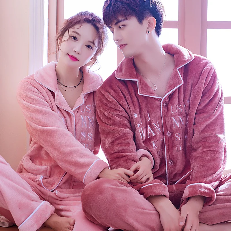 

Winter Lovers Pyjamas Men and Women Couple Matching Clothing Crown Printed Long Sleeve Flannel Couple Pajamas Set Homewear Suit