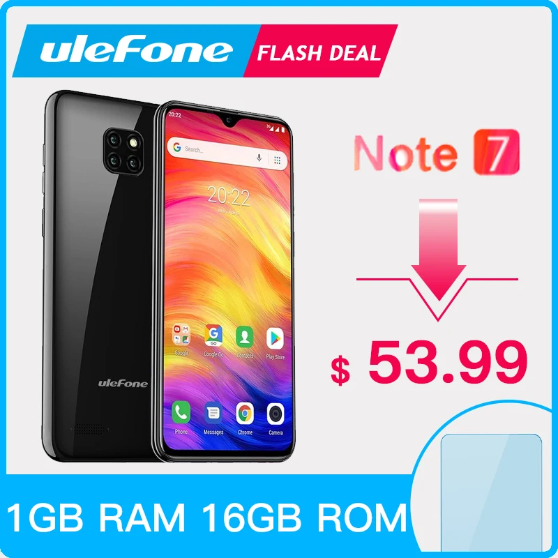 Смартфон Ulefone Note 7, 3500 мАч, 19:9, четырехъядерный, 6,1 дюймов, экран капли воды, 16 Гб ПЗУ, мобильный телефон WCDMA, мобильный телефон, Android 8,1