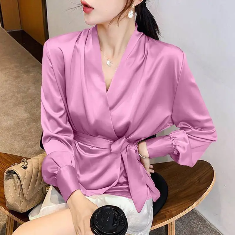 

Elegant Satin Slik Blouse 2021 VONDA Women Long Sleeve V Neck Tops With Belted Bohemian Blusas Femininas Autumn Streetwears