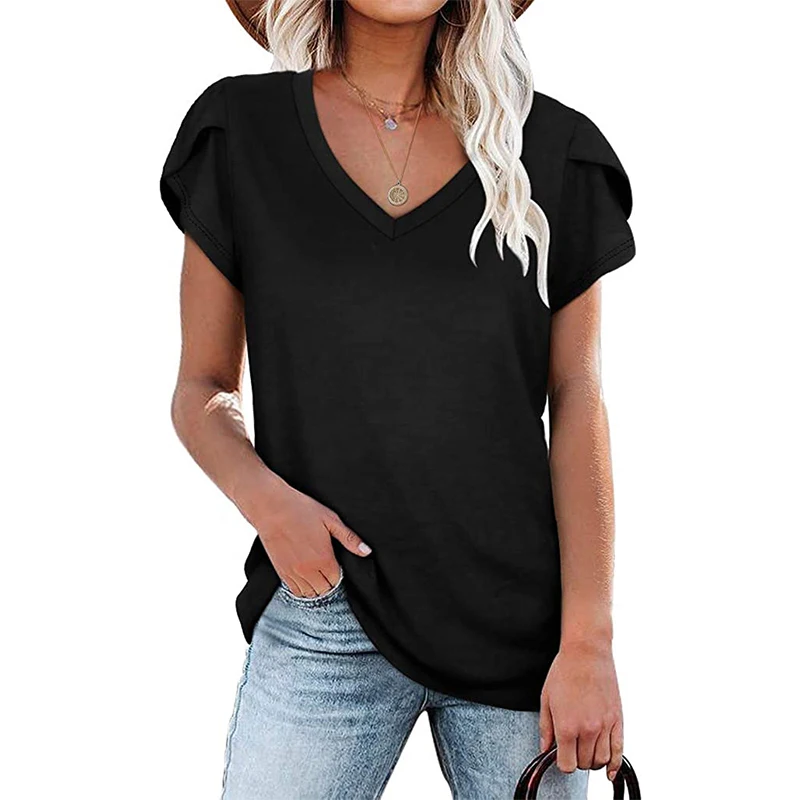 

2021 Fashion New Women T-Shirt Elegant Solid Color Ladies Tee Casual V-Neck Short Sleeve Female Tops