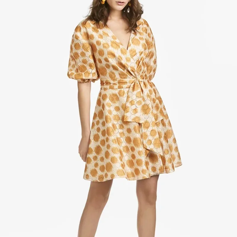 

MSXU Simple style design 2021 summer new printed V-neck lace-up waist puff sleeve A-line short temperament dress