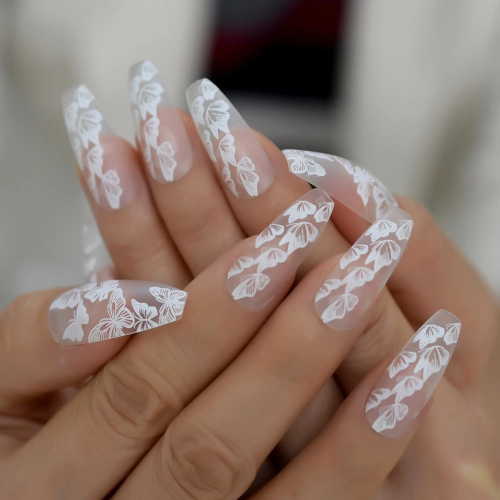24pc Butterfly French Ballerina Coffin False Fake Nails Extra Long Press on Party Finger Wear Nail Tips 1 Sheet Jelly Sticker | Красота и