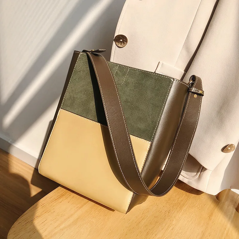 

Bucket Bag Women's Leather Large Capacity Casual Tote Shoulder Messenger Bag 2020 New Panelled All-match Genuine Leather Handbag