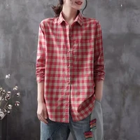2022 plaid tops womens cotton blouse fashion long sleeve shirts female button down blusas female v neck tunic y334