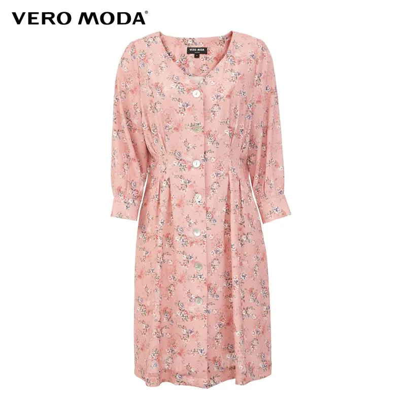 

Vero Moda Women Vintage V-Neck Print Single Breasted Button 3/4 Sleeves Dress | 32027B514
